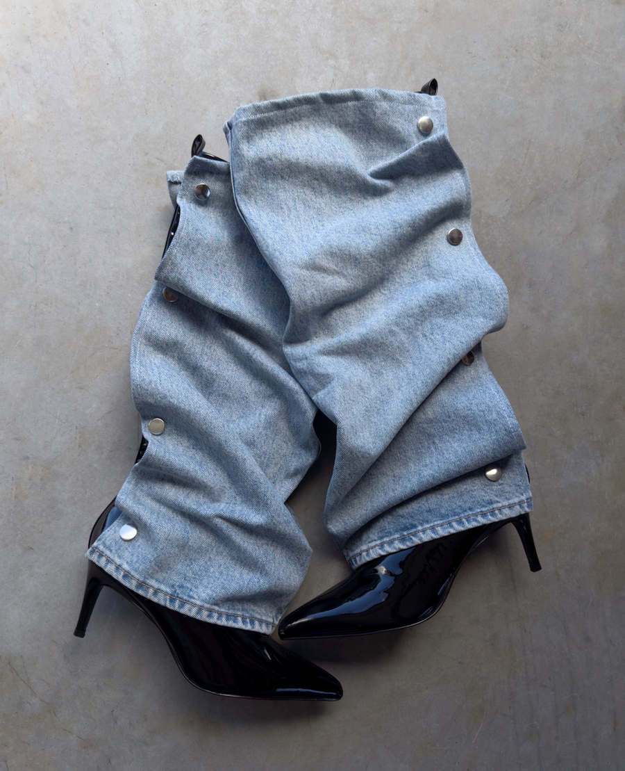 SHINY LIGHT BLUE DENIM HEELS